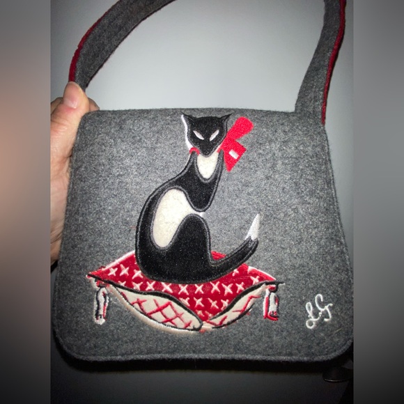 Lulu Guinness wool blend cat purse handbag gray - Picture 8 of 15